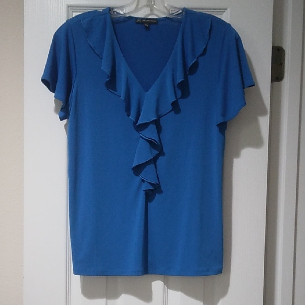 Adrianna Papell Blue Ruffled Short Sleeve Blouse